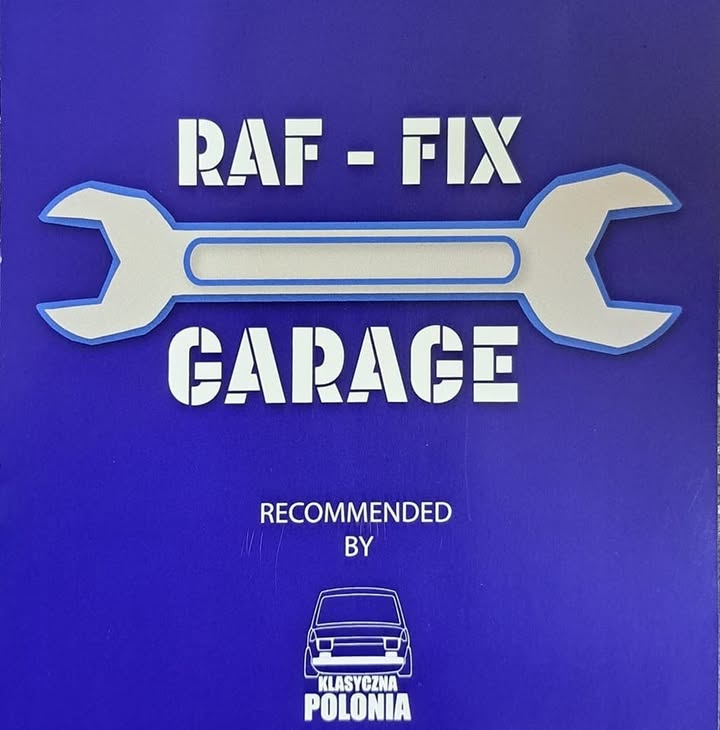 The Raf-Fix Garage sign: white stencil letters and a spanner on royal blue